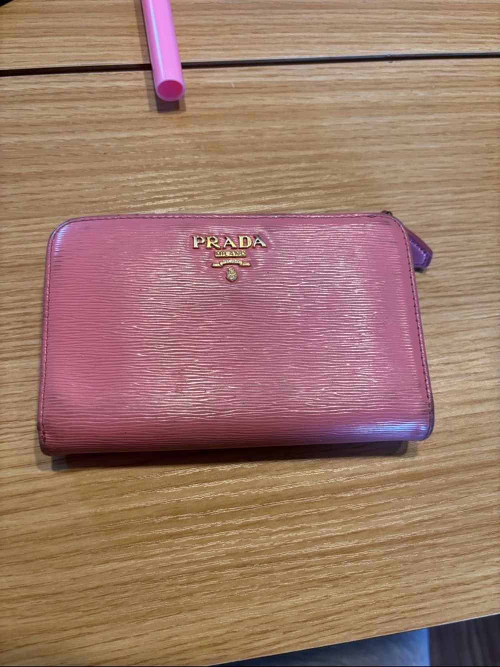 Prada Pink Saffiano Zip Wallet with Gold Logo